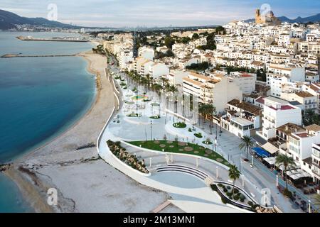 Altea, Spain - December 07, 2022: Aerial view of the renovated coastline and its beach of the town of Altea in Alicante, Spain Stock Photo