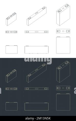 Stylized vector illustrations of blueprints of batteries cell set Stock Vector