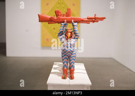 Madrid, Spain. 9th Dec, 2022. A sculpture titled ''the guerrillas'' seen during the opening of the exhibition by Guatemalan artist Margarita Azurdia. The Reina SofÃ-a Museum in Madrid inaugurated the exhibition ''Margarita Rita Rica Dinamita'' (1931 - 1998). The artist's exhibition of more than one hundred works is the first in Spain and Europe. It presents the unique work of a symbolic figure with a restless, playful, transgressive spirit that permeates the Guatemalan artistic context of the second half of the 20th century. Margarita's exhibited work is an extensive production that include Stock Photo