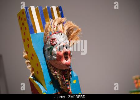 Madrid, Spain. 9th Dec, 2022. A sculpture titled ''the old woman'' seen during the opening of the exhibition by Guatemalan artist Margarita Azurdia. The Reina SofÃ-a Museum in Madrid inaugurated the exhibition ''Margarita Rita Rica Dinamita'' (1931 - 1998). The artist's exhibition of more than one hundred works is the first in Spain and Europe. It presents the unique work of a symbolic figure with a restless, playful, transgressive spirit that permeates the Guatemalan artistic context of the second half of the 20th century. Margarita's exhibited work is an extensive production that includes Stock Photo