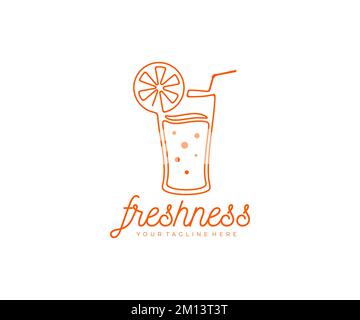 Glass with juice, straws and a slice of citrus, logo design. Drink, drinking, beverage, food, fruit and vegetables, vector design and illustration Stock Vector