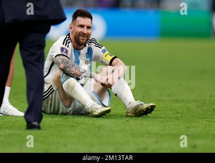 Lusail, Qatar. 9th Dec, 2022. Lionel Messi of Argentina reacts after the Quarterfinal between the Netherlands and Argentina of the 2022 FIFA World Cup at Lusail Stadium in Lusail, Qatar, Dec. 9, 2022. Credit: Wang Lili/Xinhua/Alamy Live News Stock Photo