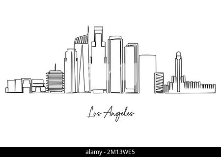 one continuous line drawing of Los Angeles city skyline. World Famous tourism destination. Simple hand drawn style design for travel and tourism promo Stock Vector
