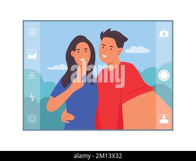 Couple of Man and Woman Taking Selfie Photo Concept Illustration Stock Vector