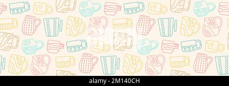 Cup mug trendy doodle seamless pattern, simple contour wallpaper. Crafted ceramic tableware endless linear ornament. Tea mugs, coffee cups beverages teacup repeat boundless texture vector Stock Vector