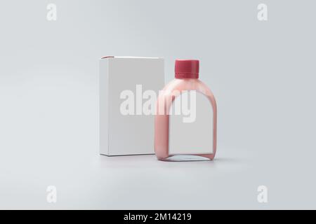 beige cream bottle with empty label with red cap and blank box, mock-up template, isolated on gray background Stock Photo