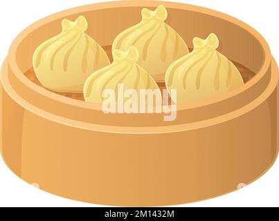 Chinese Dim sum set in a bamboo basket Asian food illustration isolated on white in cartoon style Stock Vector