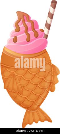 Japanese Taiyaki ice cream. Asian food illustration isolated on white background in cartoon style Stock Vector