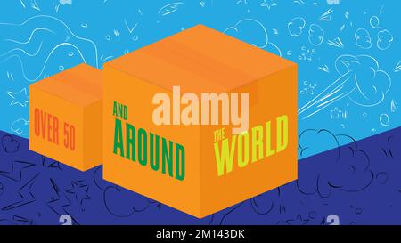 Over 50 and around the world text with cardboard box. Vector cartoon folded card box illustration. Stock Vector