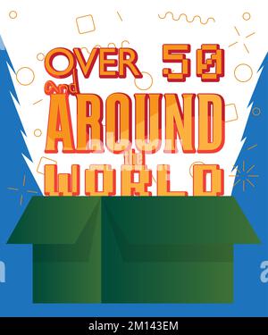 Over 50 and around the world text with cardboard box. Vector cartoon folded card box illustration. Stock Vector