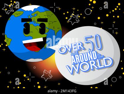 Planet Earth with Over 50 and around the world text. Cartoon vector illustration. Space, cosmos on the background. Stock Vector