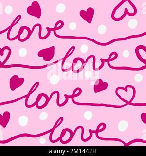 Hand drawn seamless pattern with red hearts on pink background. Love word lettering in stripes lines, white polka dot, cute st valentine day wrapping paper, gouache texture pastel valentines Stock Photo