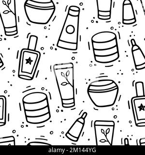 Cosmetics cream jars collection seamless pattern. Comic doodle sketch style. Vector Hand drawn Cosmetics collection illustration. Sketch of cosmetic items. Stock Vector