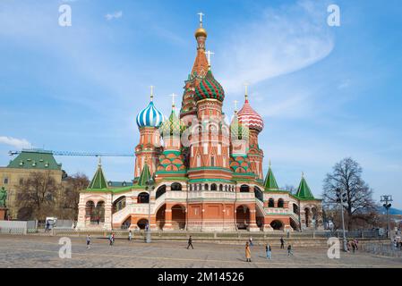 MOSCOW, RUSSIA - APRIL 14, 2021: Ancient St. Basil's Cathedral (Cathedral of the Intercession of the Mother of God) on Red Square on a sunny April day Stock Photo