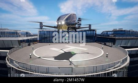 Autonomous driverless aerial vehicle takeoff on rooftop, 3d render Stock Photo
