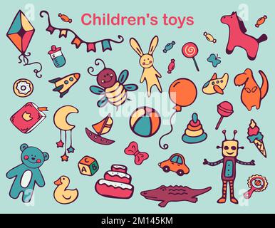 Children Toys doodle icon set. isolated toys. Stock Vector