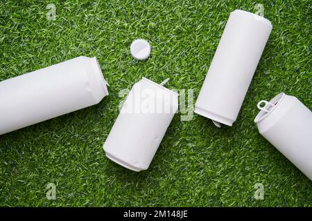 Many metal tins, cans and jars for recycling. Aluminum metal food and drink sorted scraps. Steel packaging. Concept of zero waste, eco lifestyle and s Stock Photo