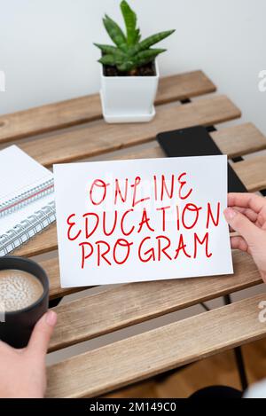 Sign displaying Online Education Program. Conceptual photo Software development and programming courses Stock Photo