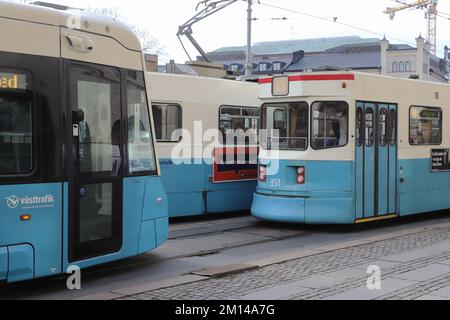 Gothenburg, Sweden - November 30, 2022: Group of trams at the Drottningtorget squrare area. Stock Photo
