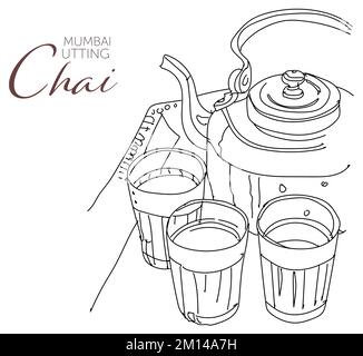 Vector illustration of Tea Pot and Tea Glasses. Indian Chai Kettle and Chai  glasses. Cutting Chai Concept Stock Vector