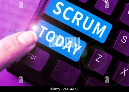 Hand writing sign Scrum. Word Written on handwriting as distinct from print written characters of play Stock Photo