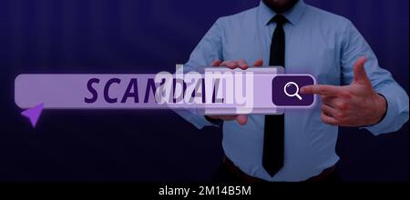 Hand writing sign Scandal. Word for an action or event regarded as