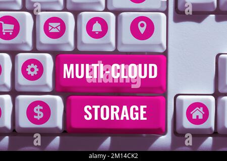 Hand writing sign Multi Cloud Storage. Internet Concept use of multiple cloud computing and storage services Stock Photo