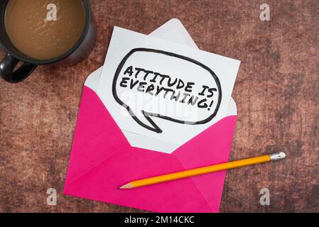 Writing displaying text Attitude Is Everything. Concept meaning Personal Outlook Perspective Orientation Behavior Stock Photo