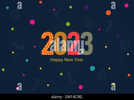 inscription of new year 2023 with color numbers with patterns, circles, transparent candies and glass toys Stock Vector