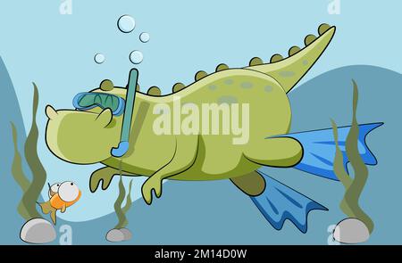 green dinosaur swims in the ocean and rejoices at the fish Stock Vector