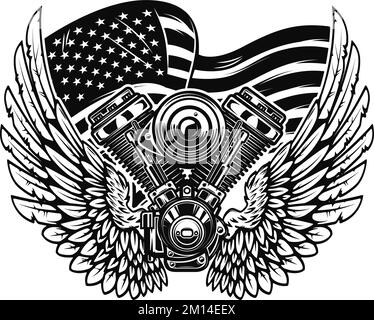 Illustration of twin engine with wings on american flag background. Design element for poster, card, banner, sign, emblem. Vector illustration Stock Vector