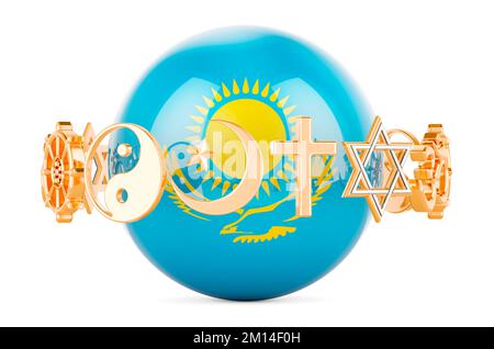 Kazakh flag painted on sphere with religions symbols around, 3D rendering isolated on white background Stock Photo