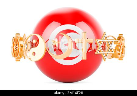 Tunisian flag painted on sphere with religions symbols around, 3D rendering isolated on white background Stock Photo