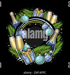 Vector frame for New Year with empty copy space for congratulation text, poster with illustration of fir branches, pair flute wine glasses, blue carto Stock Vector
