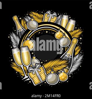 Vector frame for New Year with empty copyspace for congratulation text, poster with illustration of pine branches, pair flute wine glasses, silver han Stock Vector