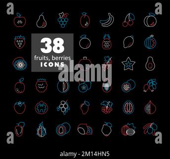 Set of Fruits and Berries vector on black background icon. Graph symbol for food and drinks web site, apps design, mobile apps and print media, logo, Stock Vector