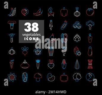 Vegetables isolated vector on black background icons set. Graph symbol for food and drinks web site, apps design, mobile apps and print media, logo, U Stock Vector