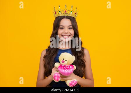 Birthday kids prom party. Girls party, funny kid in crown. Child queen wear diadem tiara. Cute little princess portrait. Happy girl face, positive and Stock Photo