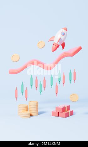 Flying up rocket and stocks in the blue background, Business startup ...