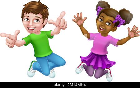 Jumping Girl and Boy Kids Children Cartoon Stock Vector