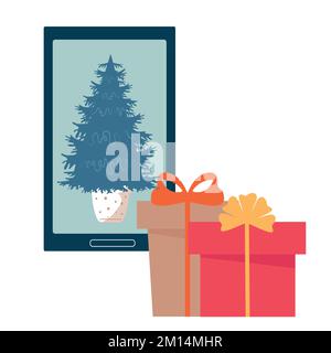 Choose a gift for the holiday in the online store using a smartphone. Stock Vector