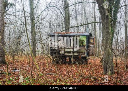 old abandoned wooden railway wagon with oven and in the forest Stock Photo