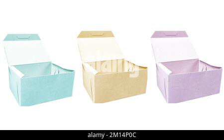 Side view three multi colored empty disposable paper fast food tray isolated on white background. Paper box isolated. Paper container Stock Photo