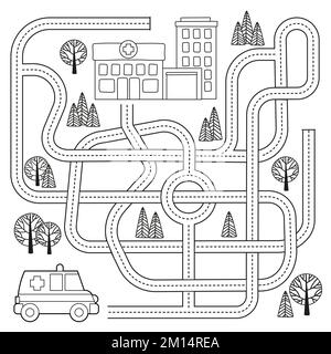 Vector maze game for kids with vehicles and tangled road. Help the ...