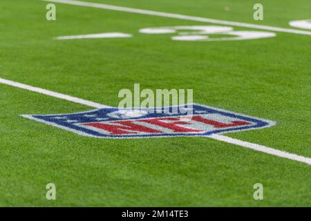 08 December 2022, US, Inglewood: American football: NFL professional league, Los Angeles Rams - Las Vegas, main round, main round games, Matchday 14, SoFi Stadium: The NFL logo is painted on the field. Photo: Maximilian Haupt/dpa Stock Photo