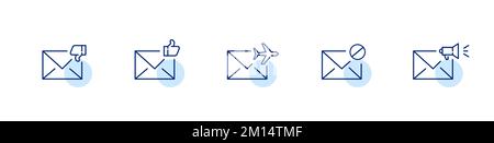 Set of 5 mail icons. Spam, share, like and dislike, international delivery. Pixel perfect, editable stroke Stock Vector