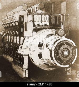 A 1930's photograph of one of the two 1500 h.p. diesel engines of the Canadian Pacific National locomotive no. 9000. Stock Photo