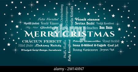 Merry Christmas vector lettering. In all European Union languages with white stars. All Text in different languages are meaning Merry Christmas. Stock Vector