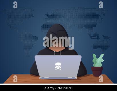 Hacker Hacking On Laptop, Man in Disguise Illustration Stock Vector