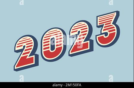 2023 vintage color scheme numbers. Light blue background. 3D text effect with stripes. Red, blue and white text. Retro vintage design element. Vector Stock Vector